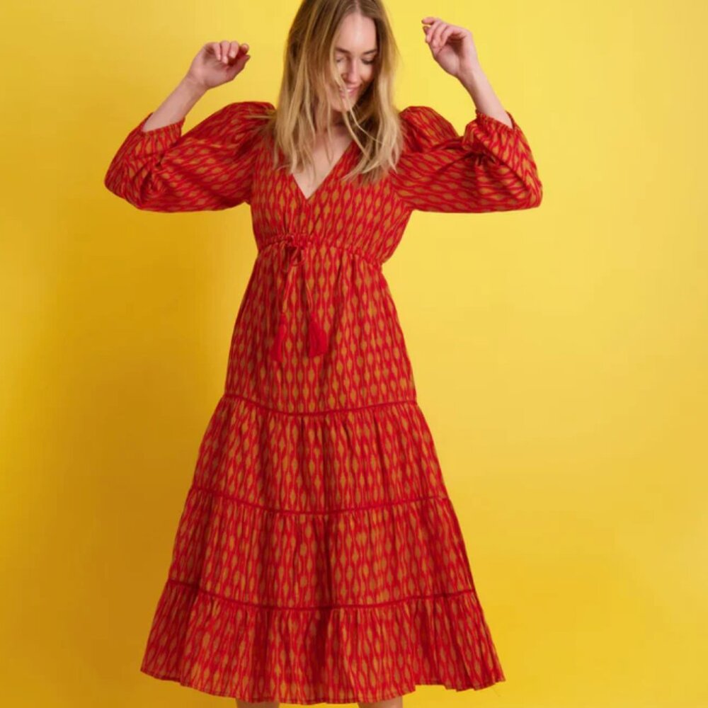 Odette Women's Maxi Dress Red Gold Ikat